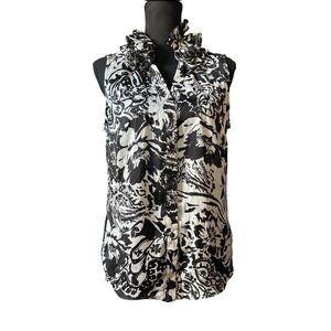 Large Black White Floral Ruffle Collar Blouse Sleeveless Button Up Top